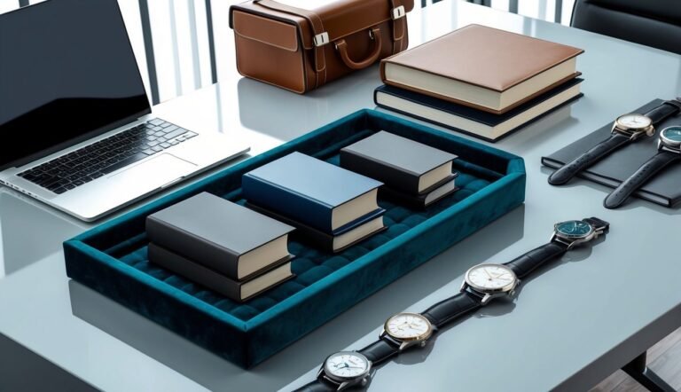 Laptop, books, watches, and briefcase on a modern, reflective desk
