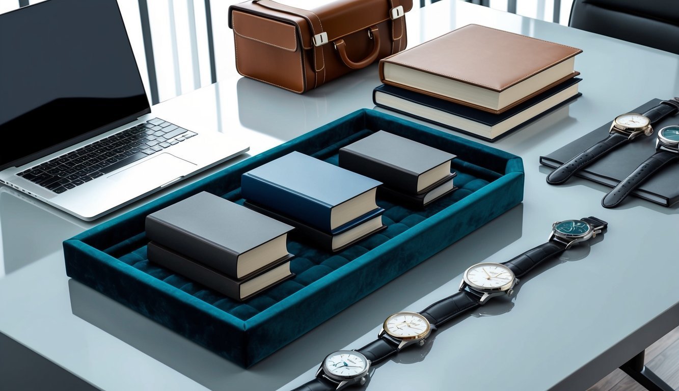 Laptop, books, watches, and briefcase on a modern, reflective desk