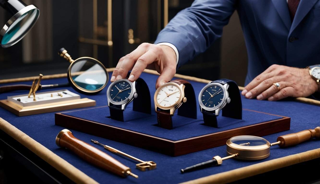 A man's hand reaching for a selection of Tissot Le Locle watches displayed on a luxurious velvet-lined surface, with a magnifying glass and a watchmaker's tools nearby