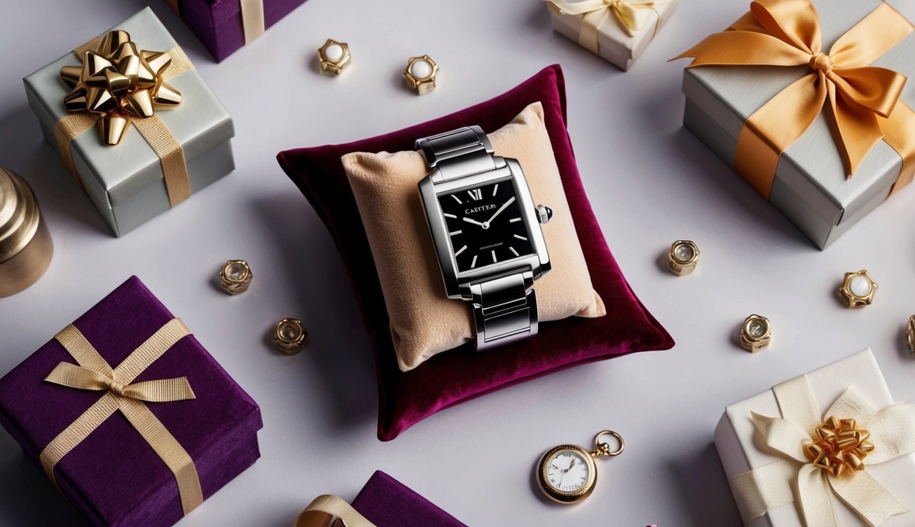 A beautifully wrapped Cartier Tank watch sits on a velvet cushion, surrounded by elegant anniversary and milestone gifts