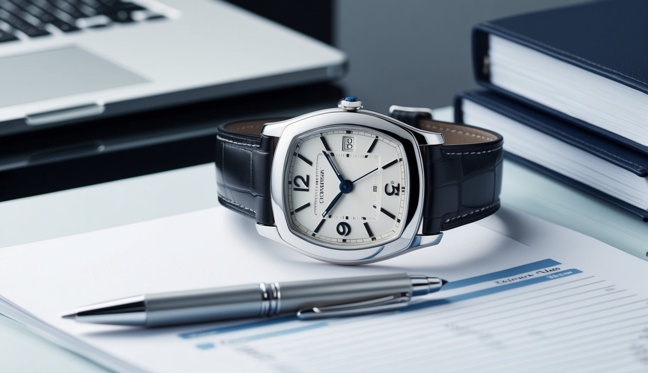A sleek Cartier Tank Solo watch on a clean, modern desk with a laptop and a stack of business papers, symbolizing success and professionalism for young professionals