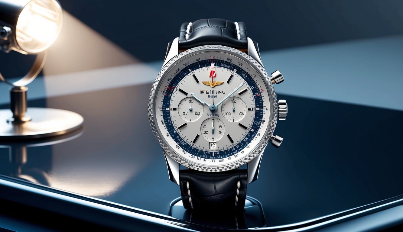 A luxurious Breitling Navitimer watch displayed on a sleek, polished surface with a spotlight highlighting its intricate details