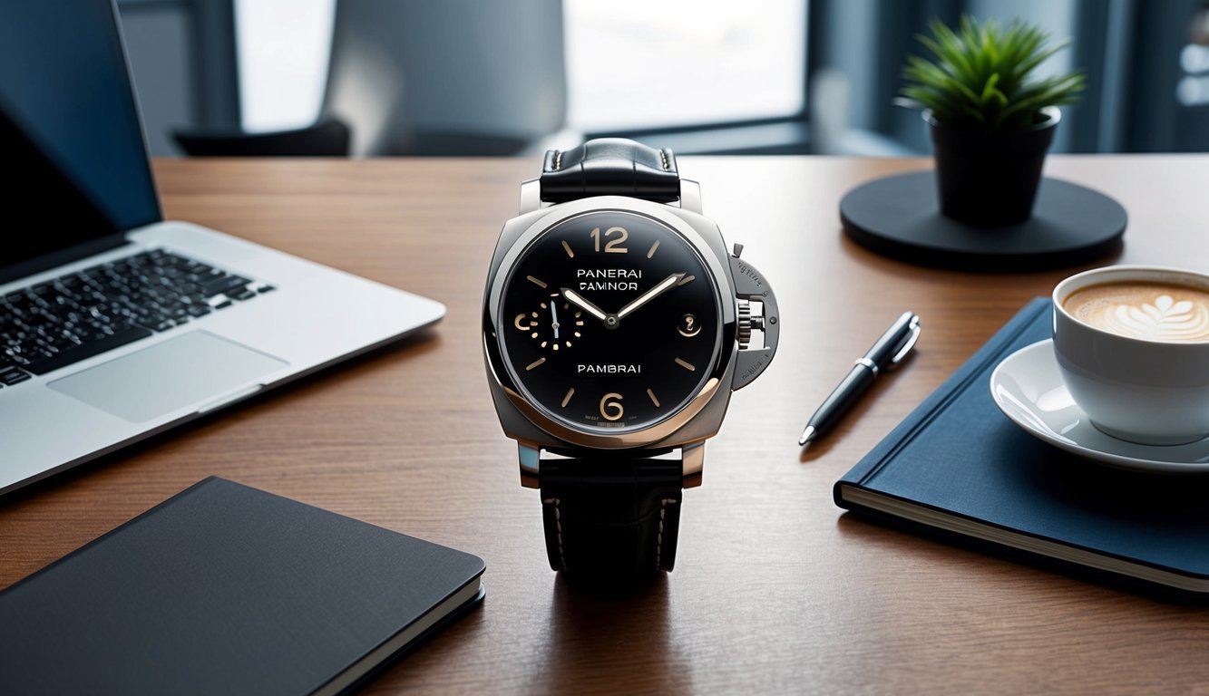 A sleek Panerai Luminor Due watch on a modern office desk, surrounded by a laptop, notebook, and a cup of coffee