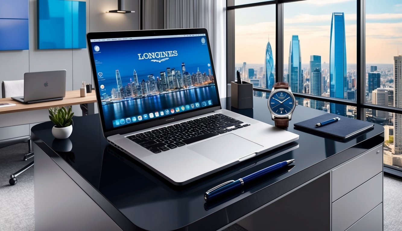 A sleek desk with a laptop, pen, and a Longines Master Collection watch, surrounded by modern office decor and a city skyline view
