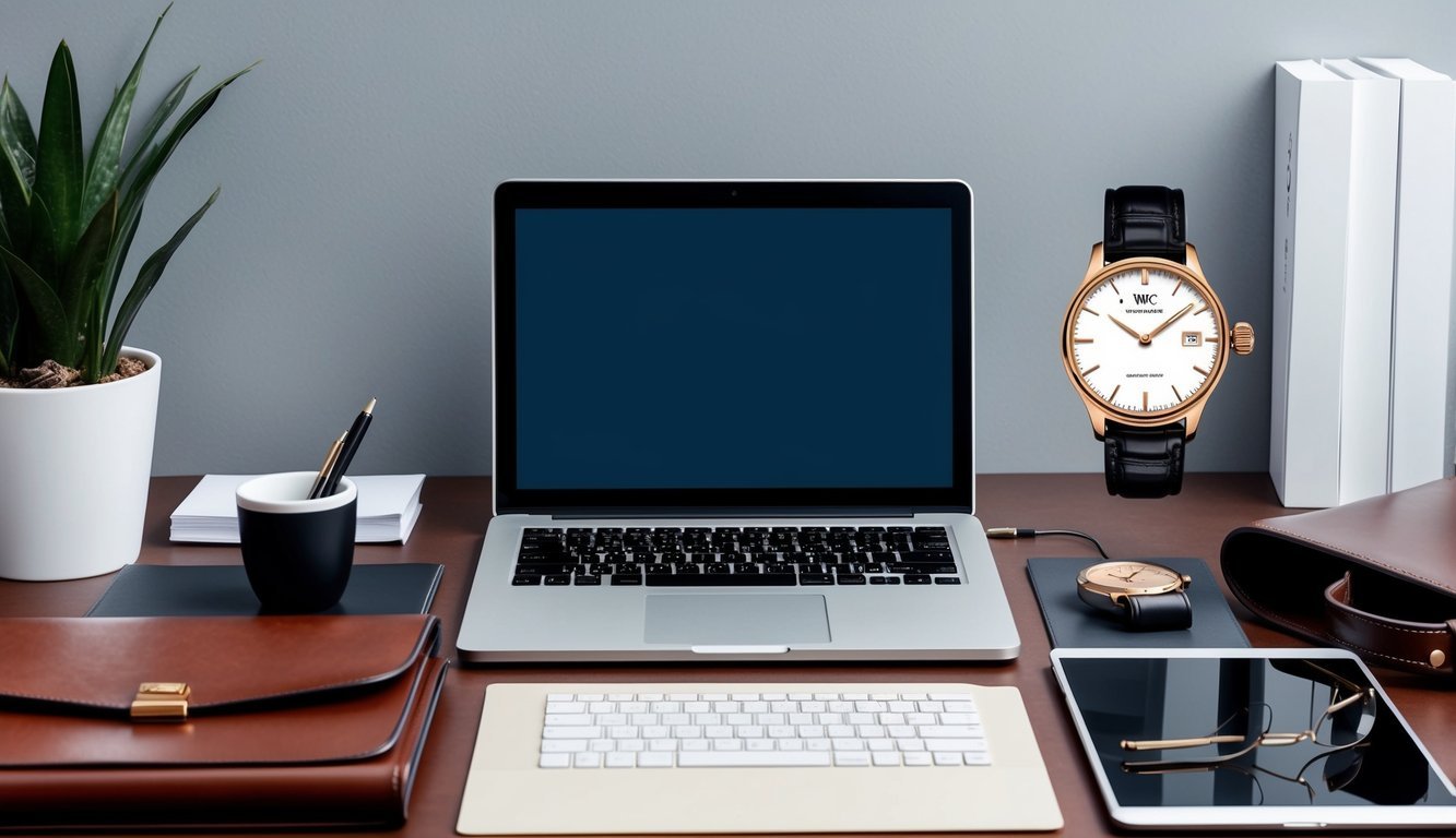 A sleek office desk with a laptop, leather briefcase, and a stylish IWC Portofino watch displayed prominently.</p><p>A young professional's workspace