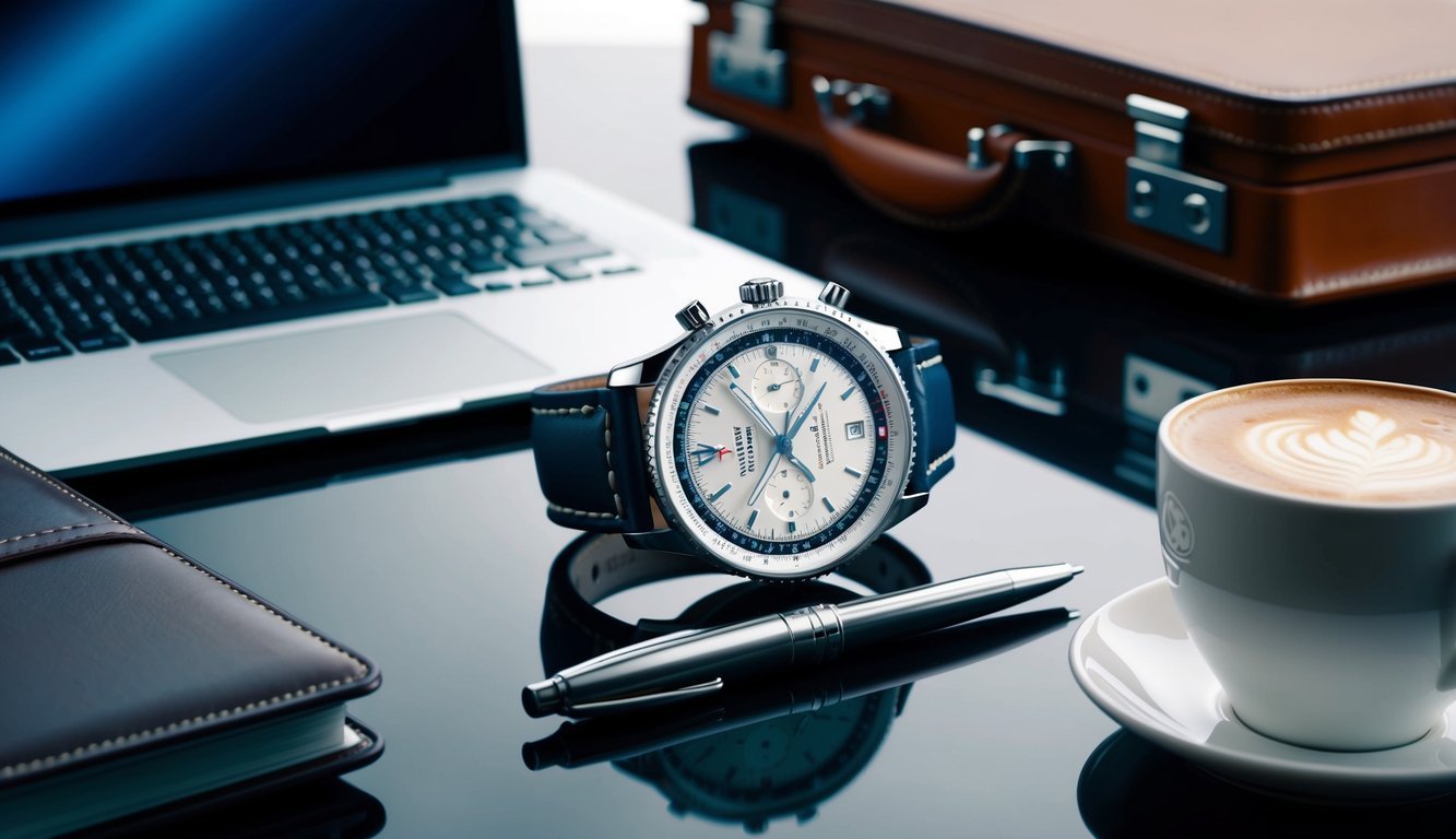 A sleek Breitling Navitimer watch placed on a polished desk, surrounded by a laptop, leather briefcase, and a cup of coffee