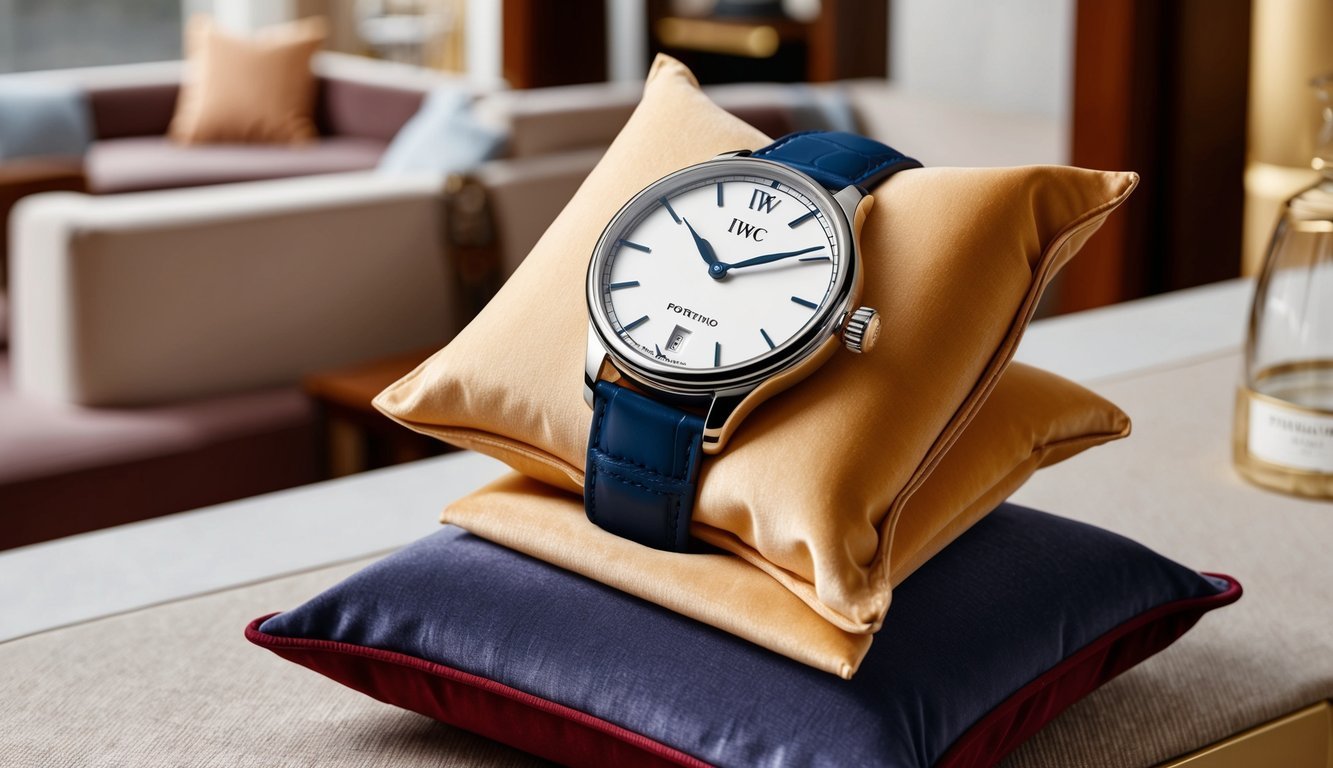 A beautifully wrapped IWC Portofino watch displayed on a velvet cushion in a luxurious setting