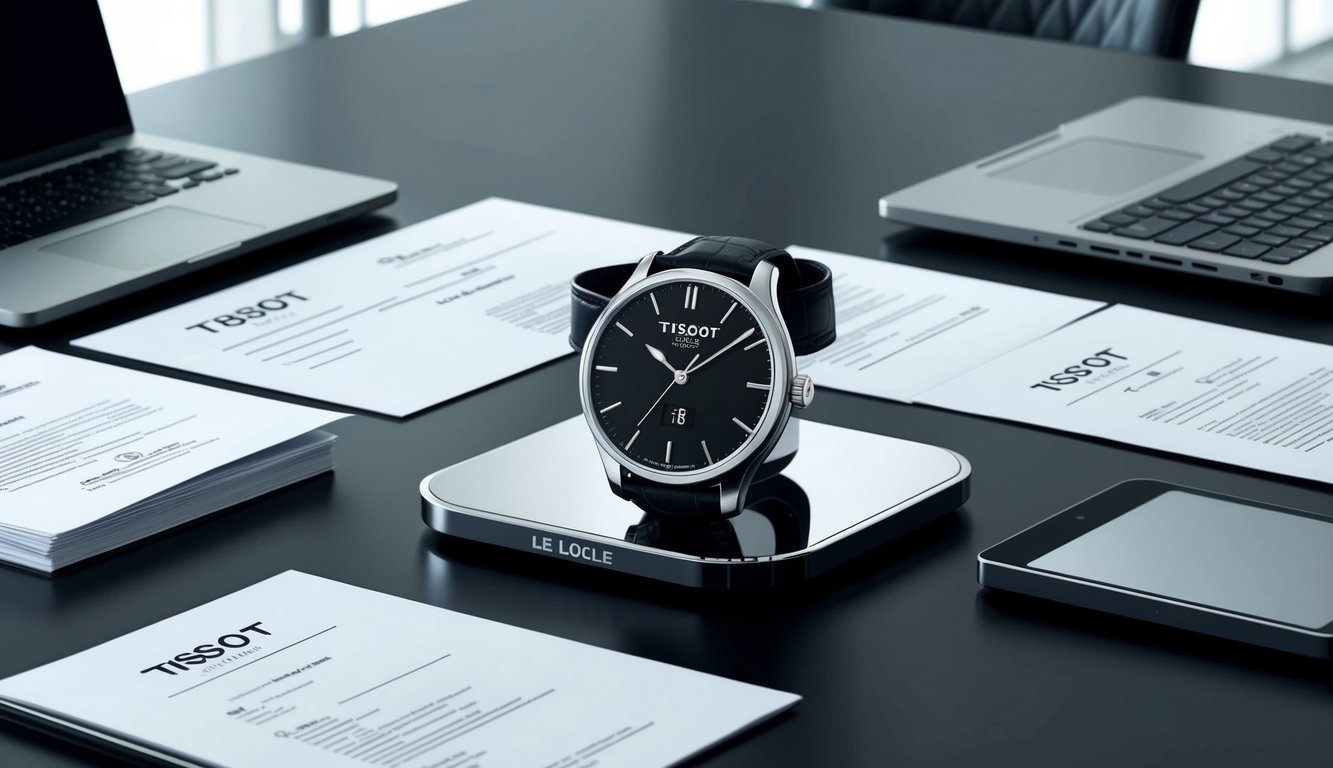 A sleek, modern office desk with a Tissot Le Locle watch displayed prominently, surrounded by professional documents and a laptop