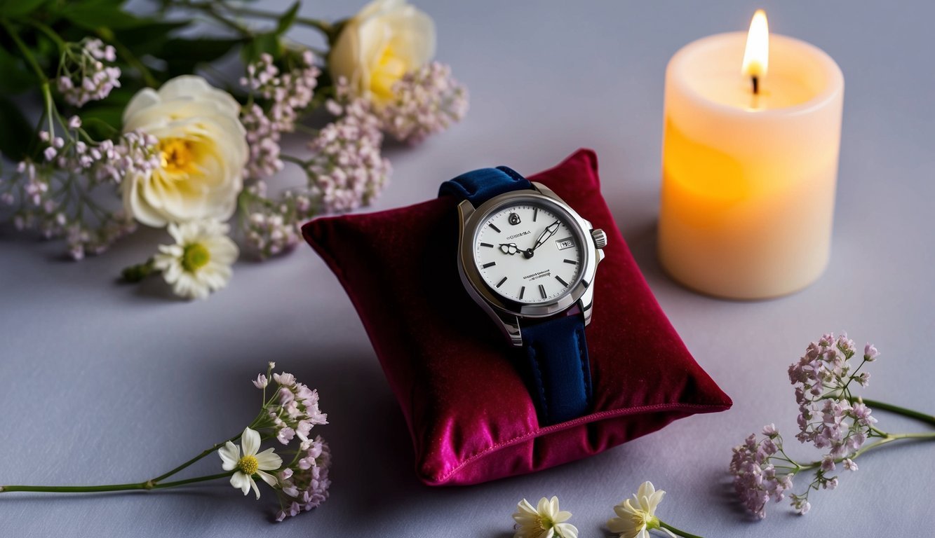 A beautifully wrapped watch sits on a velvet cushion, surrounded by delicate flowers and a glowing candle, symbolizing the significance of giving watches for anniversaries and milestones