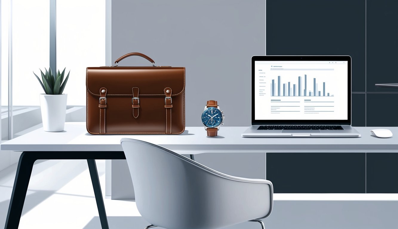 A sleek desk with a laptop, leather briefcase, and a stylish watch displayed.</p><p>A modern office setting with clean lines and professional decor