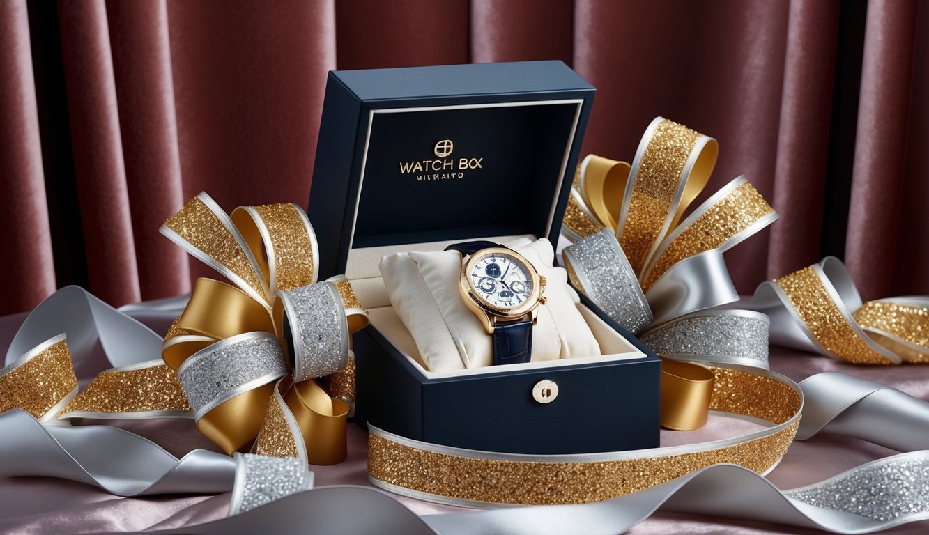 A luxurious watch box surrounded by shimmering gold and silver ribbons, set against a backdrop of elegant velvet and satin