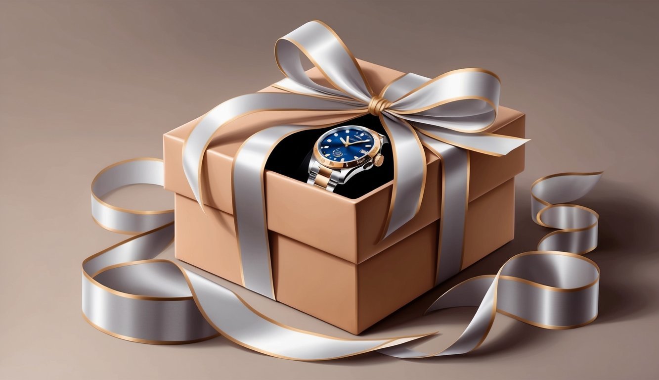 A beautifully wrapped gift box with a luxurious watch inside, surrounded by elegant ribbons and a decorative bow