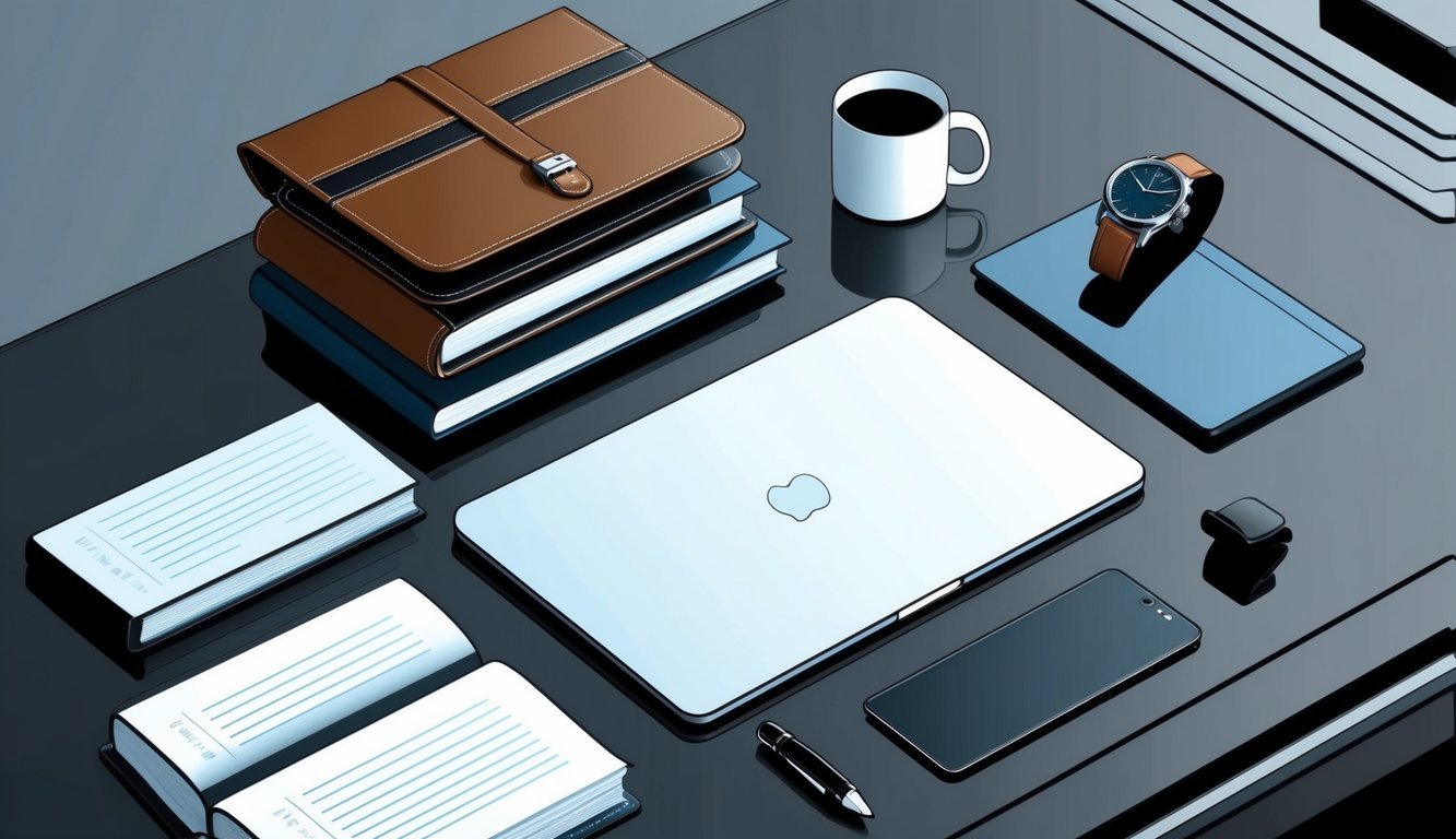 A sleek desk with a laptop, coffee mug, and a stack of business books.</p><p>A stylish watch sits next to a leather briefcase