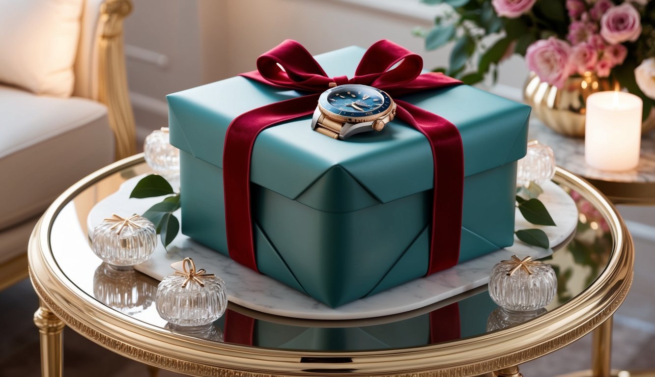 A beautifully wrapped Omega Seamaster watch box sits atop a lavish gift table, surrounded by elegant decor and soft lighting