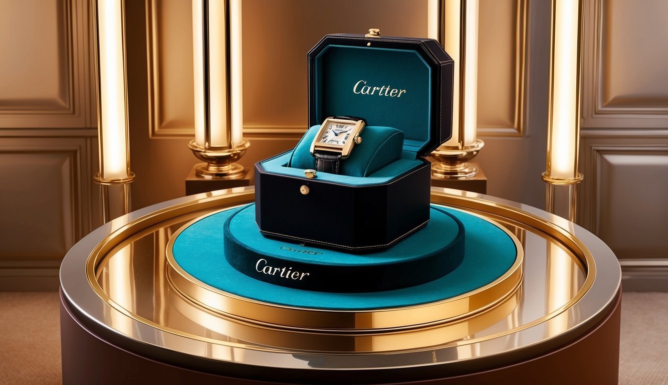 A sleek Cartier Tank watch box rests on a velvet-lined display, surrounded by soft golden lighting and elegant decor