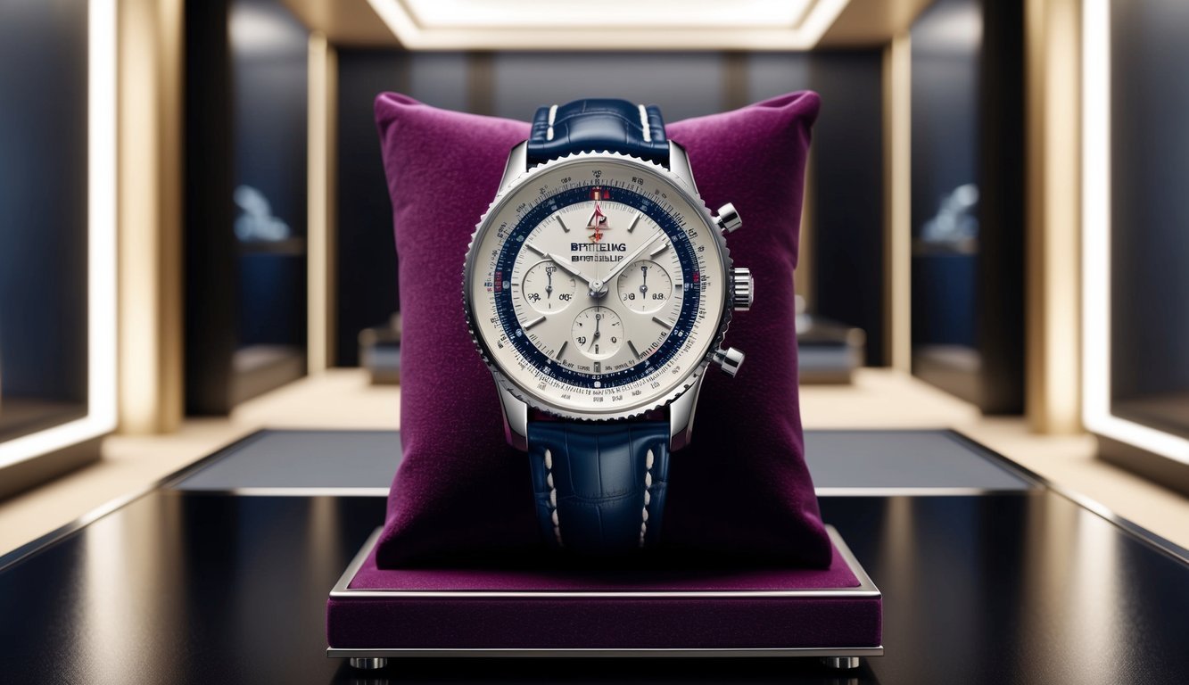 A luxurious Breitling Navitimer watch displayed on a velvet cushion in a sleek, upscale jewelry store setting, with soft lighting highlighting its intricate details