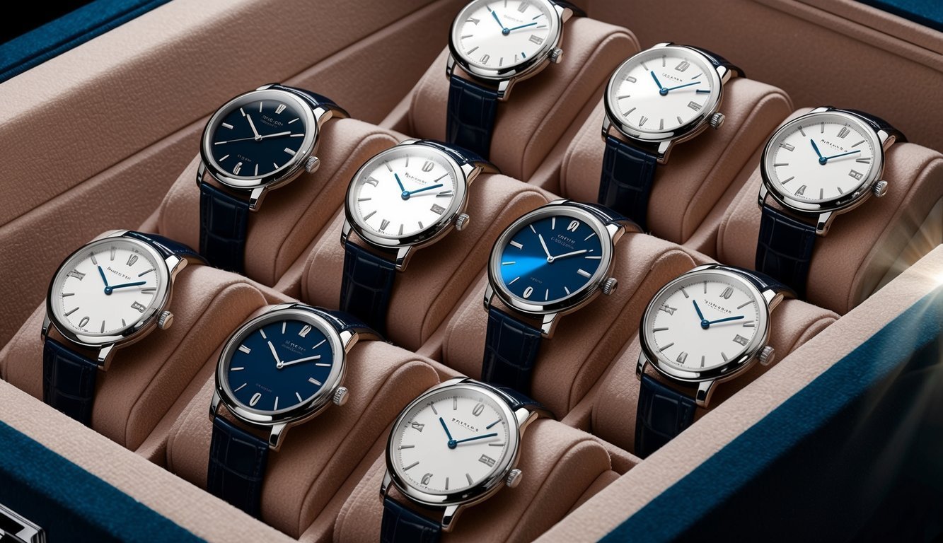 Collection of elegant wristwatches with blue leather straps in a display case