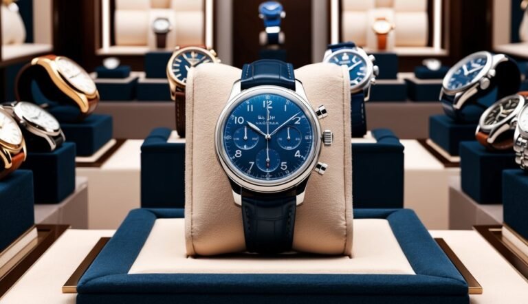 Blue-faced wristwatch on display, surrounded by other luxury watches in a store