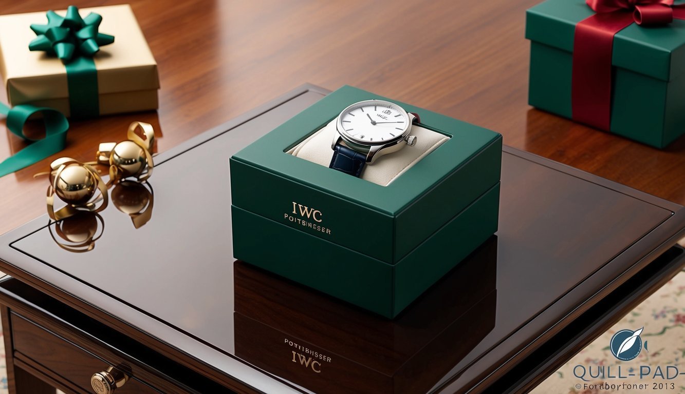 A beautifully wrapped IWC Portugieser watch box sits on a polished wooden table, surrounded by elegant gift wrapping and a festive ribbon