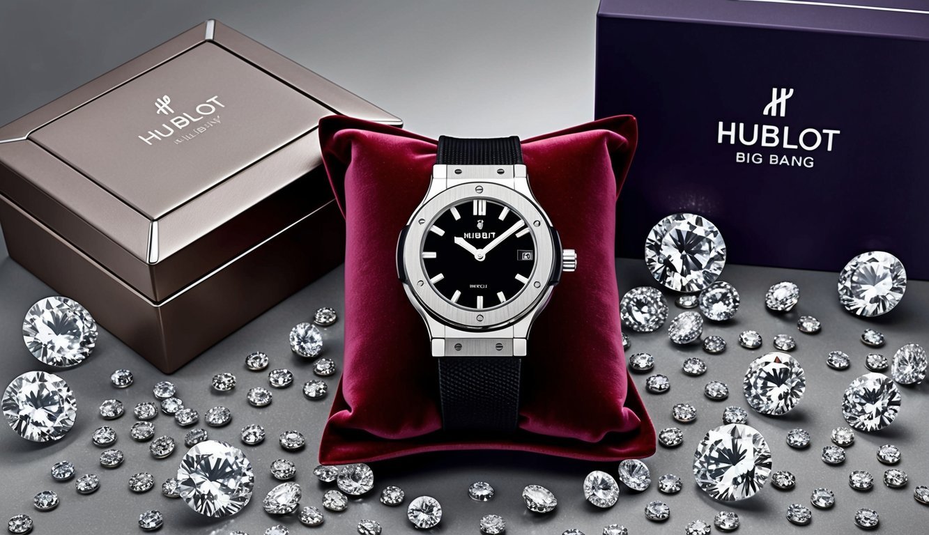 A luxurious Hublot Big Bang watch displayed on a velvet cushion surrounded by sparkling diamonds and elegant packaging