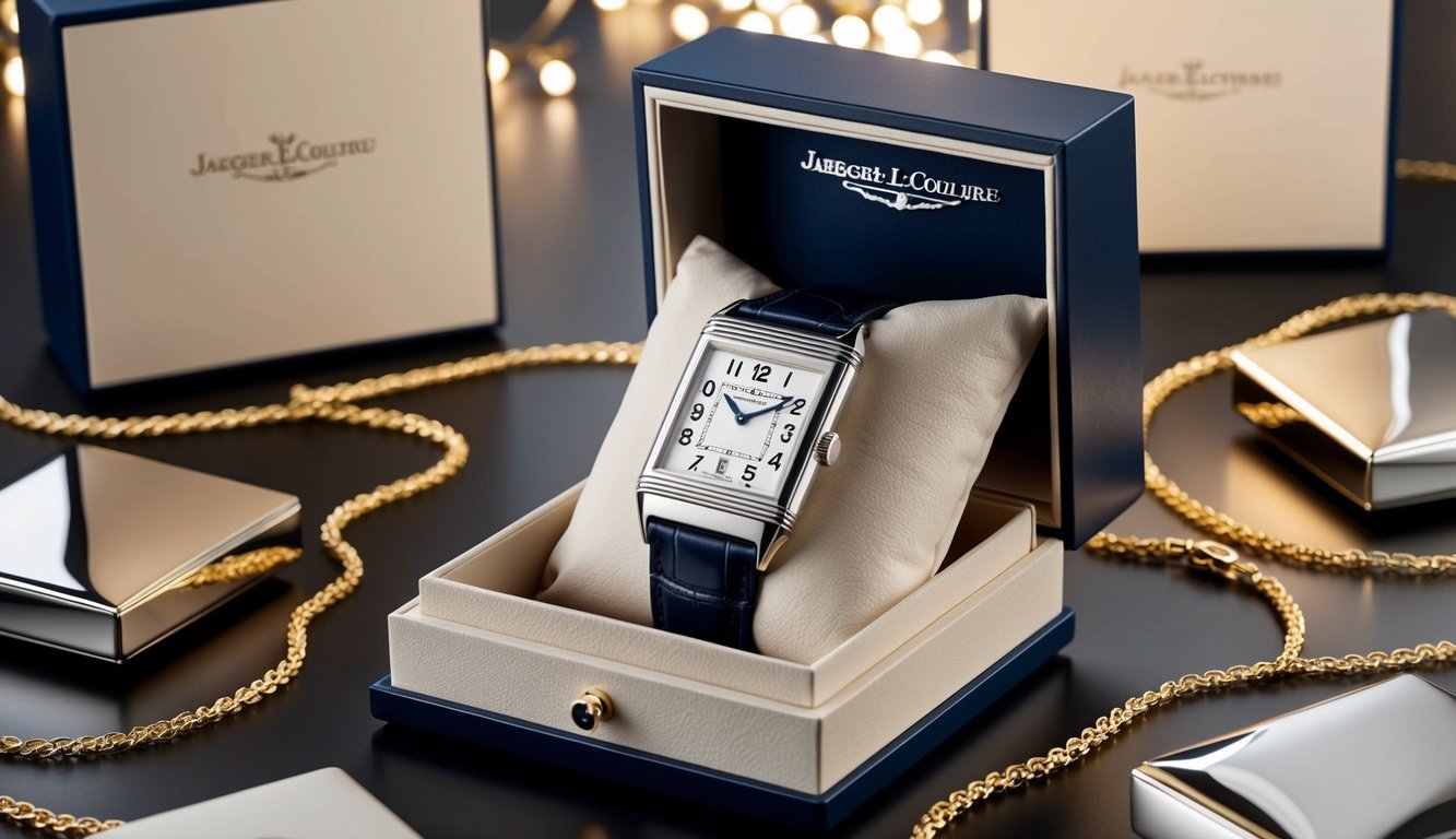 A elegant gift box opens to reveal a Jaeger-LeCoultre Reverso luxury watch, surrounded by soft lighting and luxurious packaging