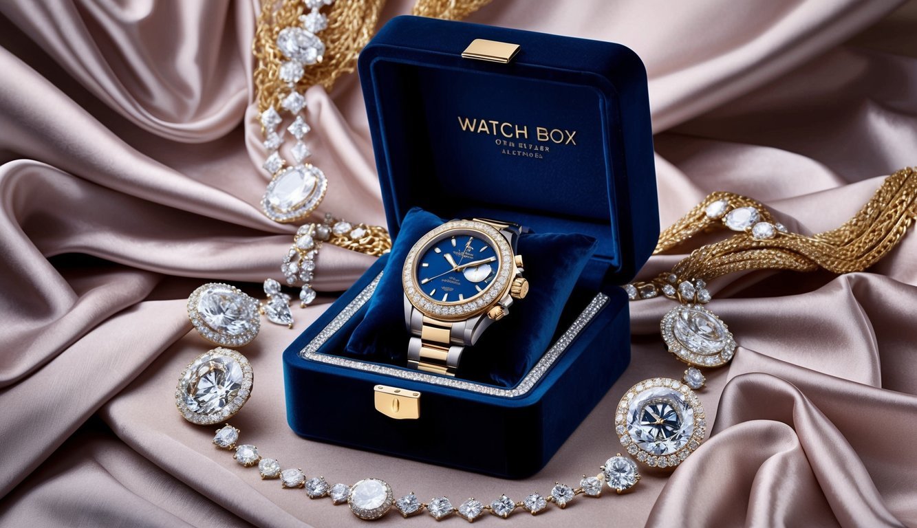 A luxurious watch box nestled in soft velvet, surrounded by sparkling diamonds and gold accents, set against a backdrop of opulent silk and satin