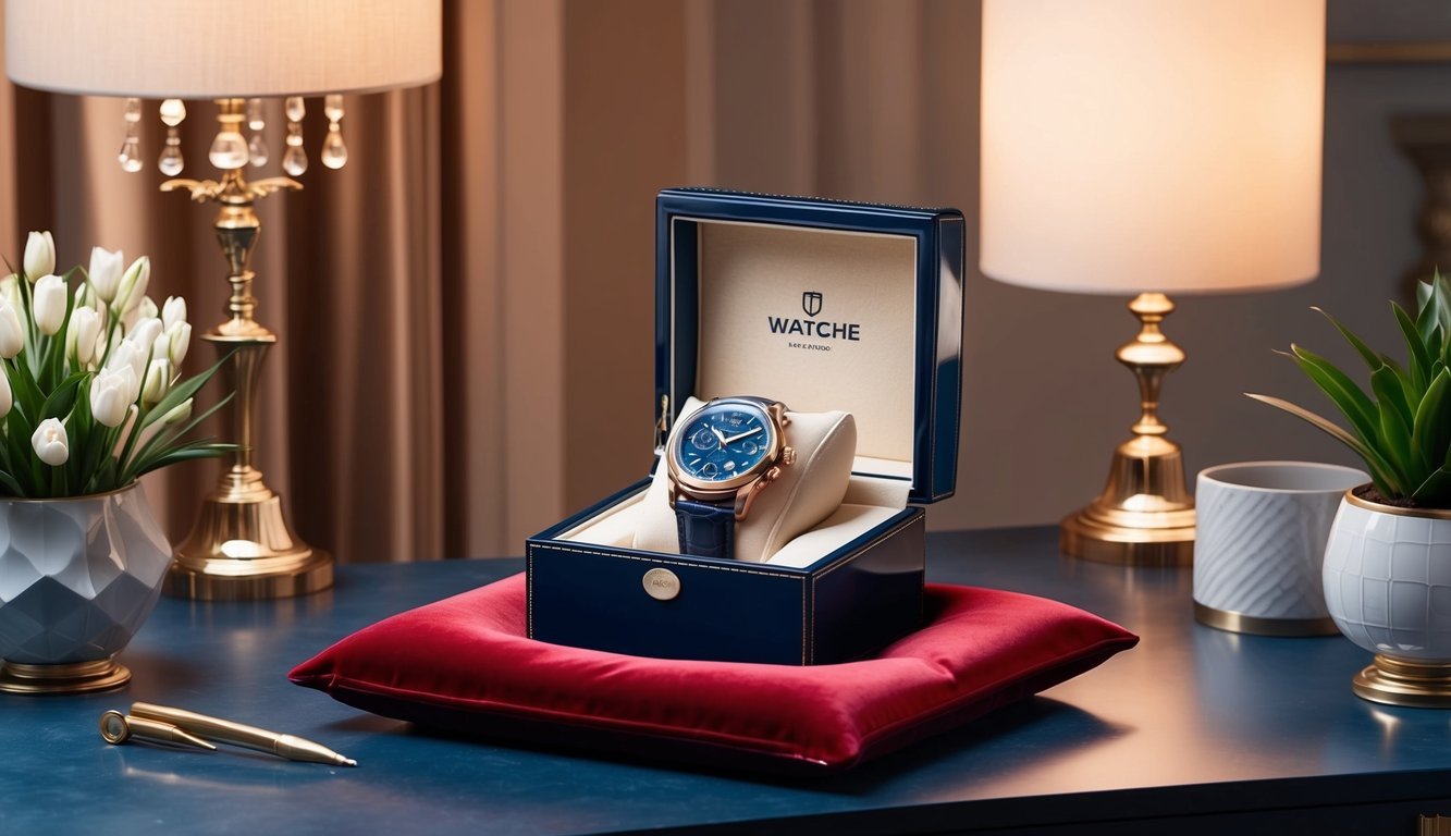 A luxurious watch box sitting on a velvet cushion, surrounded by soft lighting and elegant decor