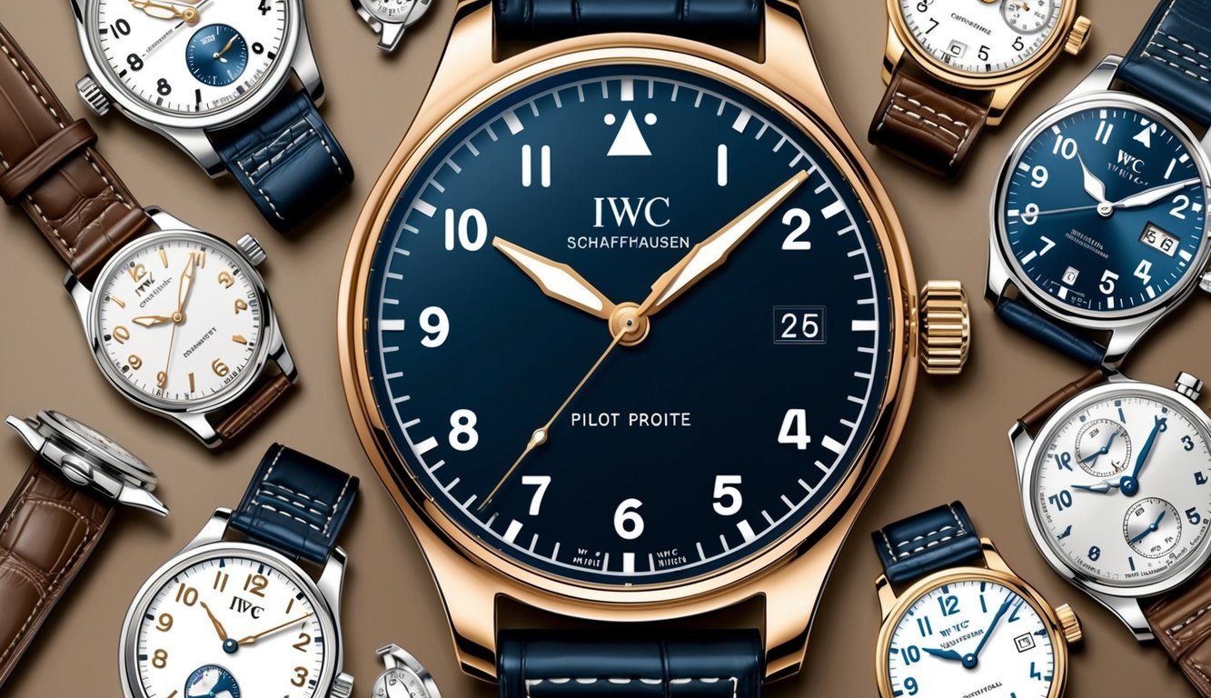 A close-up of a sleek IWC Schaffhausen Pilot's Watch surrounded by nine other classic timepieces, arranged in an elegant display