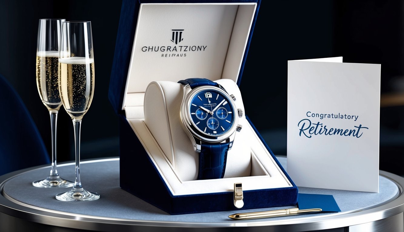 A luxurious high-end watch displayed in a sleek, velvet-lined box, surrounded by sparkling champagne glasses and a congratulatory retirement card