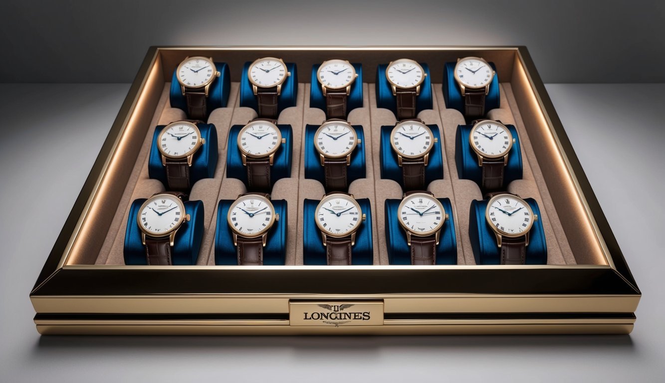 A display of ten elegant Longines Master Collection watches arranged on a velvet-lined tray, with soft lighting highlighting their intricate details and classic design