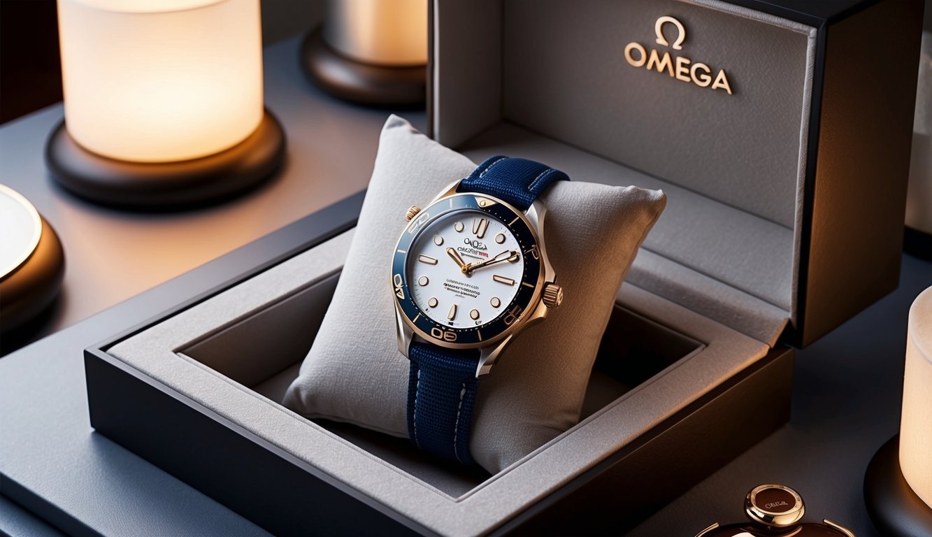 A luxurious Omega Seamaster watch displayed on a velvet cushion in a sleek, modern watch box, surrounded by soft lighting and elegant decor