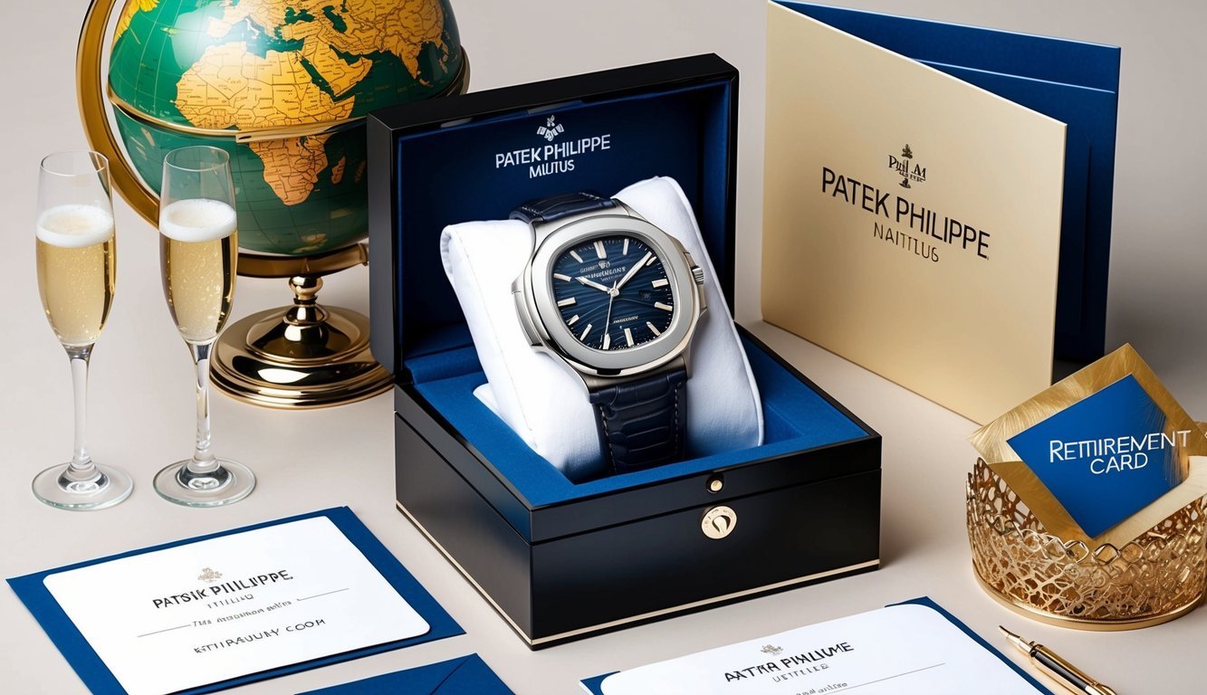 A luxurious Patek Philippe Nautilus watch displayed in an elegant gift box surrounded by retirement-themed items such as a globe, champagne glasses, and a retirement card