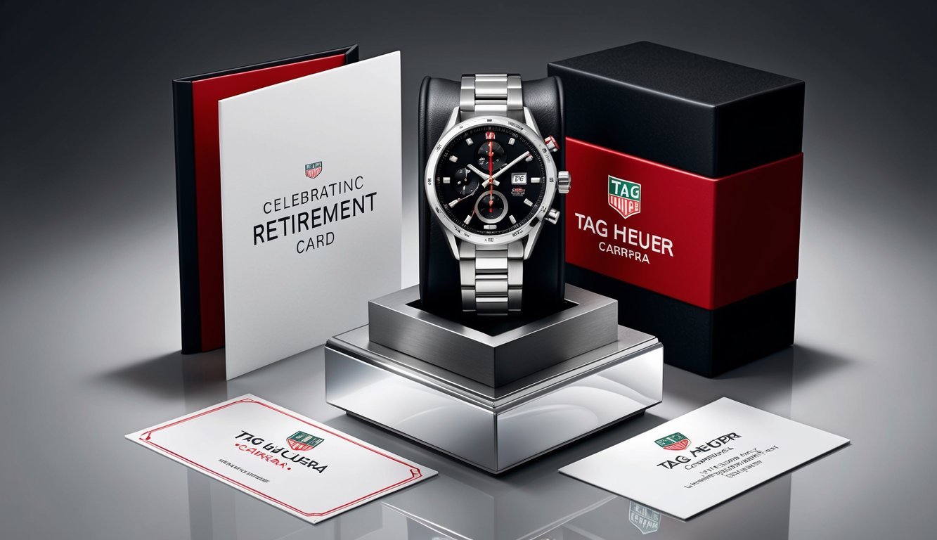 A luxurious Tag Heuer Carrera watch displayed on a sleek pedestal, surrounded by elegant packaging and a celebratory retirement card