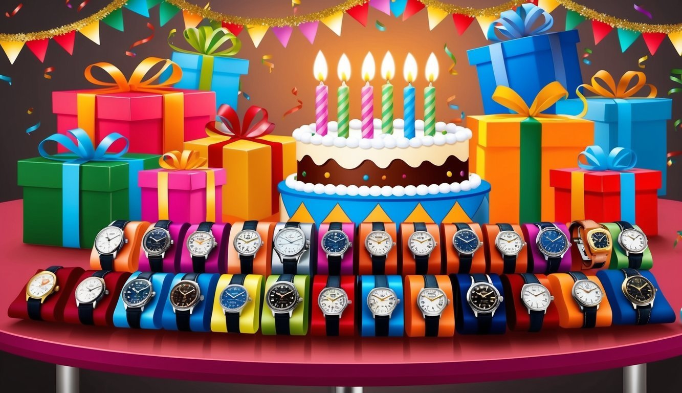 A colorful array of watches arranged on a gift table, with festive decorations and a birthday cake in the background