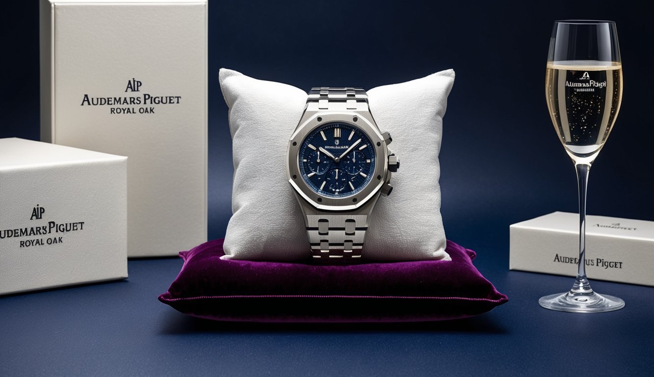 A luxurious Audemars Piguet Royal Oak watch displayed on a velvet cushion, surrounded by elegant packaging and a celebratory champagne glass
