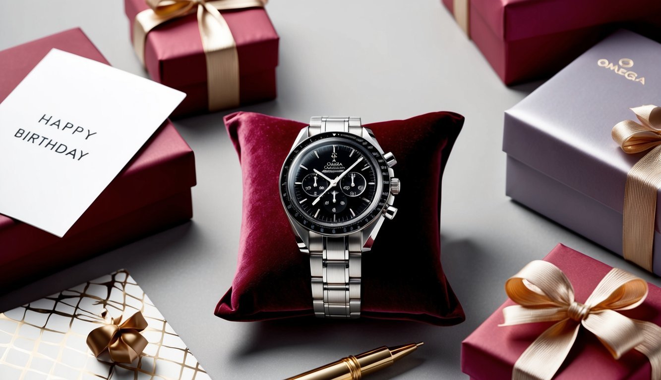 A luxurious Omega Speedmaster watch displayed on a velvet cushion, surrounded by elegant gift wrapping and a birthday card