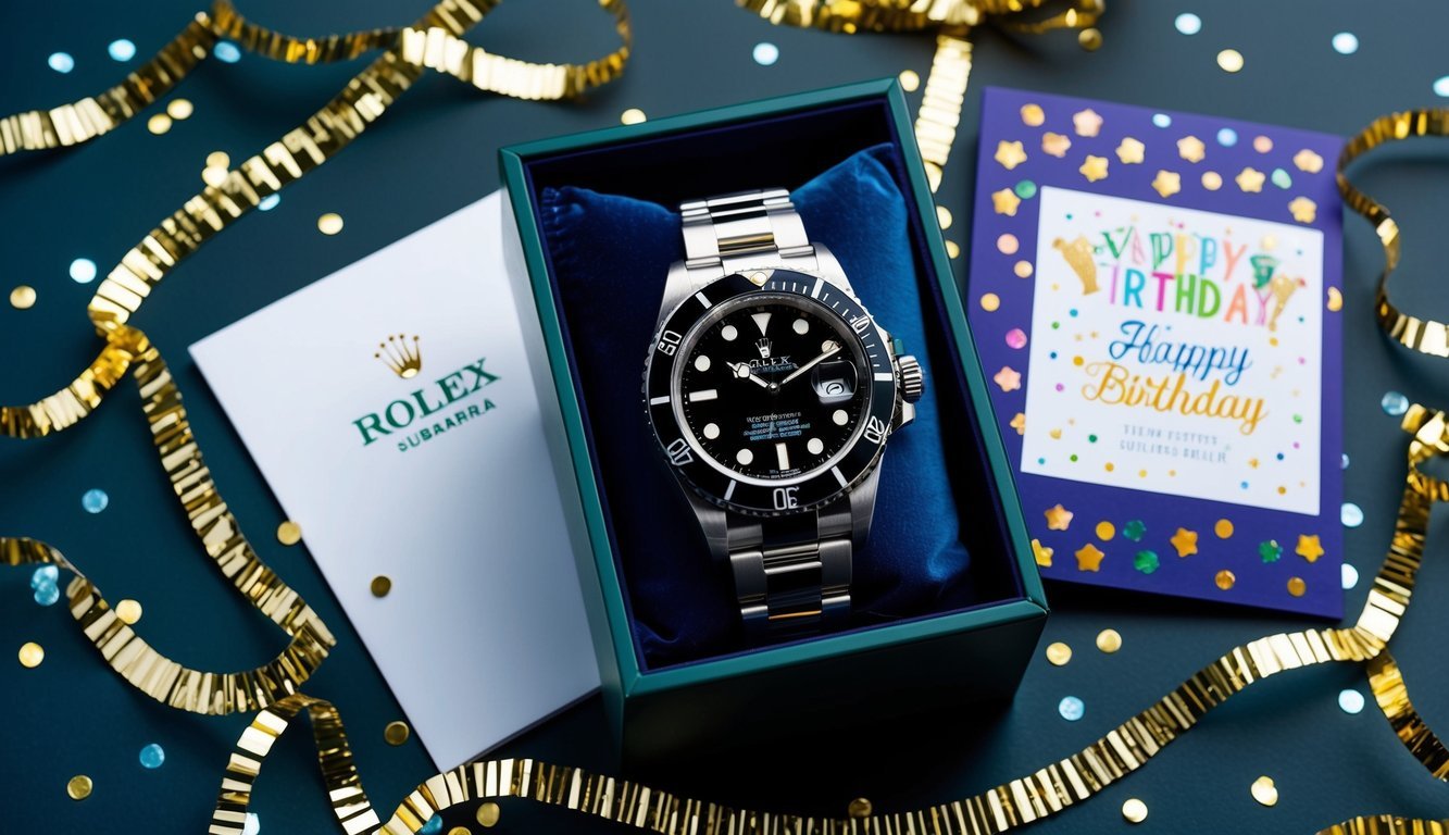 A luxurious Rolex Submariner watch displayed on a velvet cushion in a sleek gift box, surrounded by shimmering confetti and a festive birthday card