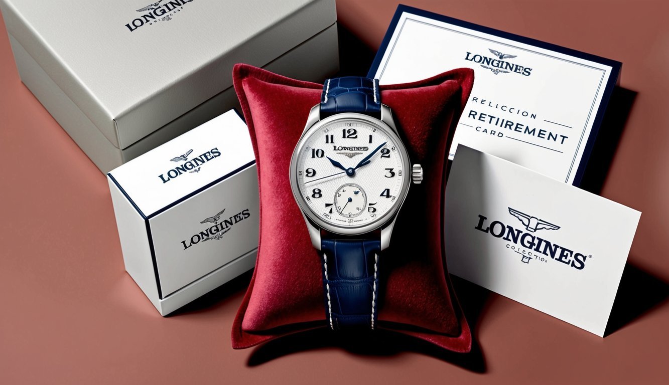 A luxurious Longines Master Collection watch displayed on a velvet cushion, surrounded by elegant packaging and a retirement card