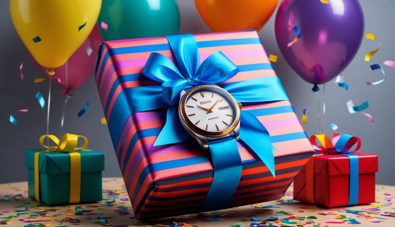 A beautifully wrapped Seiko Presage watch sits on a gift table, surrounded by colorful balloons and confetti, ready to be given as a memorable birthday present