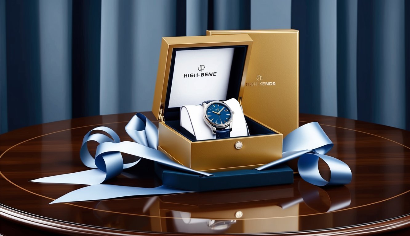 A high-end watch displayed in a luxurious gift box, surrounded by elegant wrapping and a ribbon, set against a backdrop of a polished wooden table