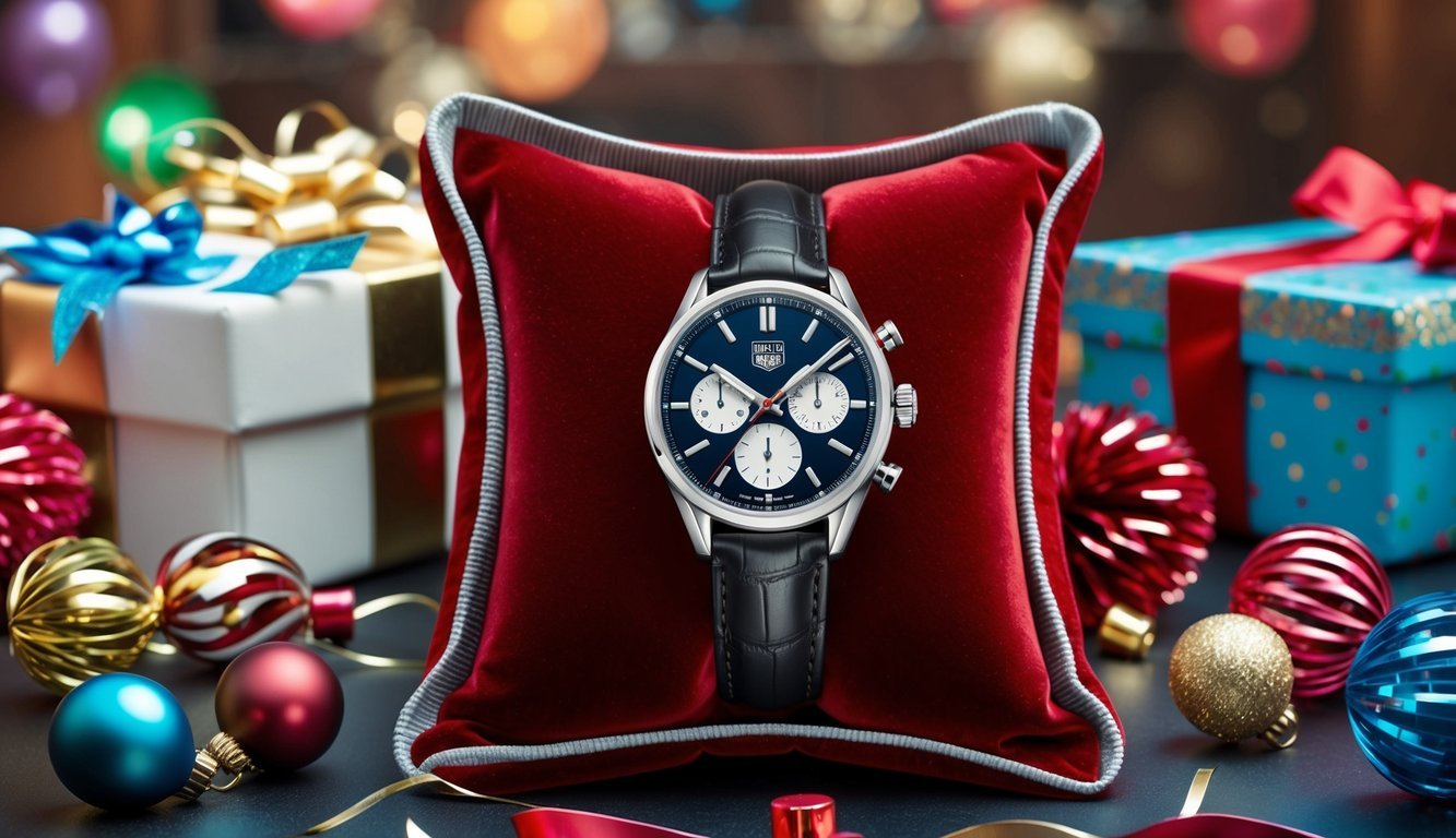 A Tag Heuer Carrera watch displayed on a luxurious velvet cushion, surrounded by festive birthday decorations and a wrapped gift box