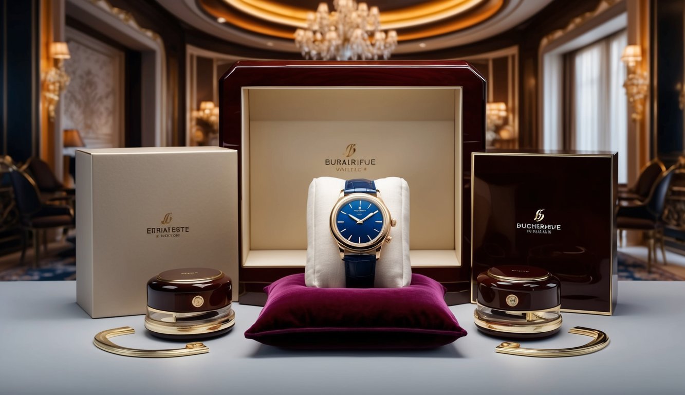 A luxurious watch displayed on a velvet cushion, surrounded by elegant packaging and a polished wooden case, set against a backdrop of opulent decor
