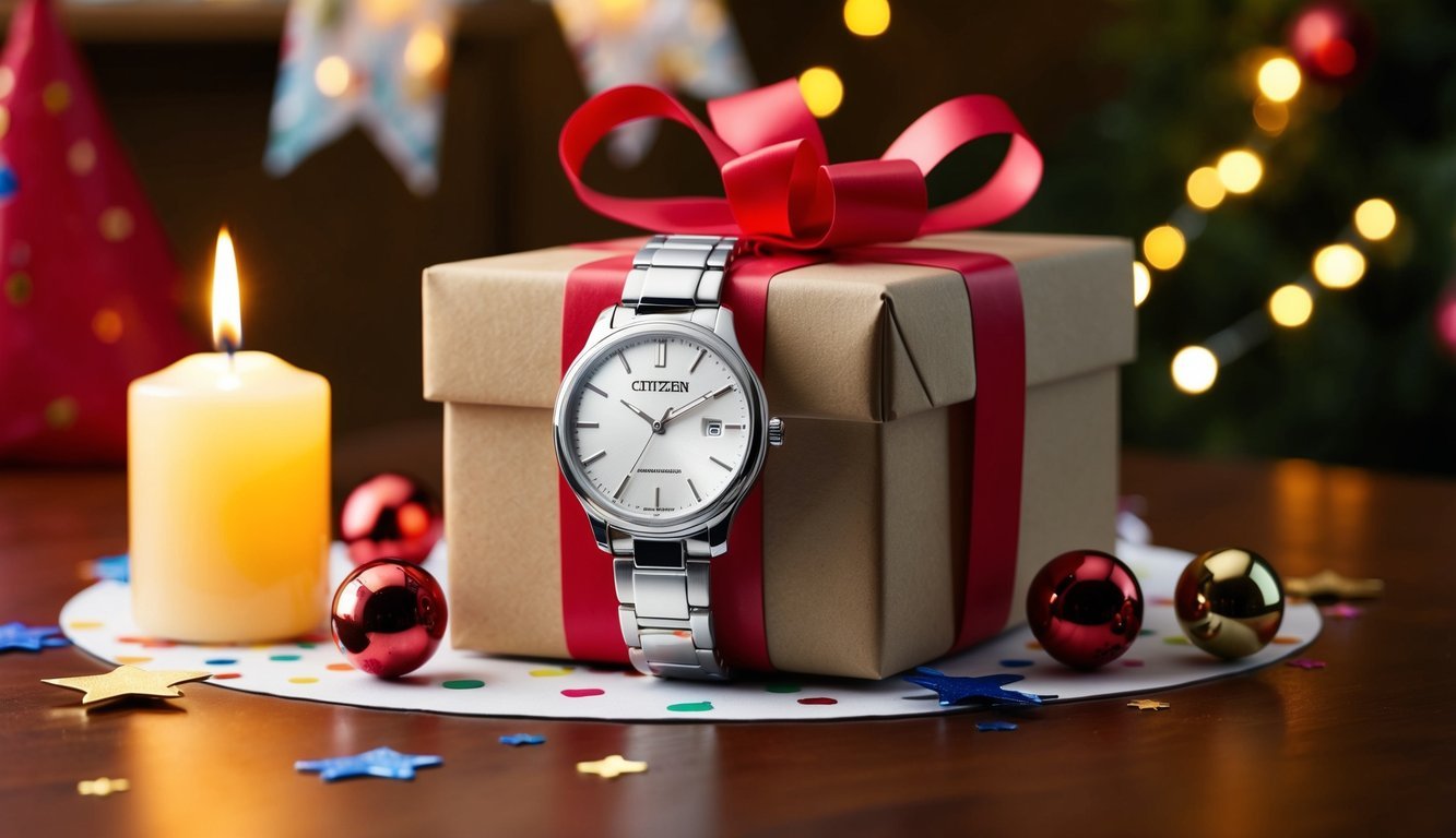 A beautifully wrapped Citizen Eco-Drive watch sits on a birthday gift table, surrounded by festive decorations and a glowing candle