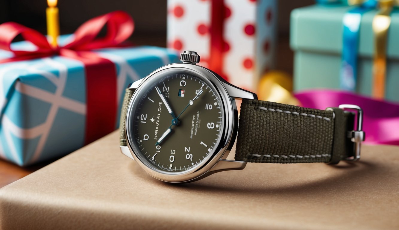 A close-up of a sleek Hamilton Khaki Field watch with a wrapped gift box and birthday decorations in the background