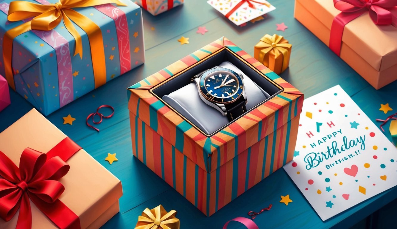 A beautifully wrapped watch box sits on a birthday table, surrounded by festive decorations and a thoughtful card