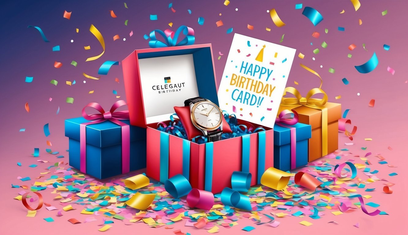 A beautifully wrapped gift box with an elegant watch inside, surrounded by colorful confetti and a birthday card