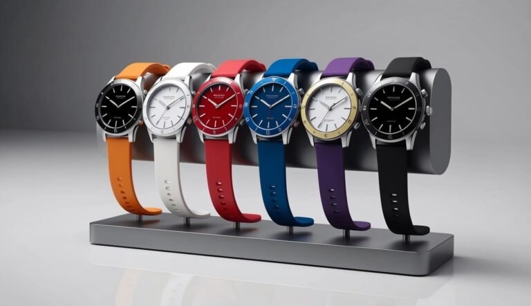 Seven colorful watches with matching straps displayed on a silver stand