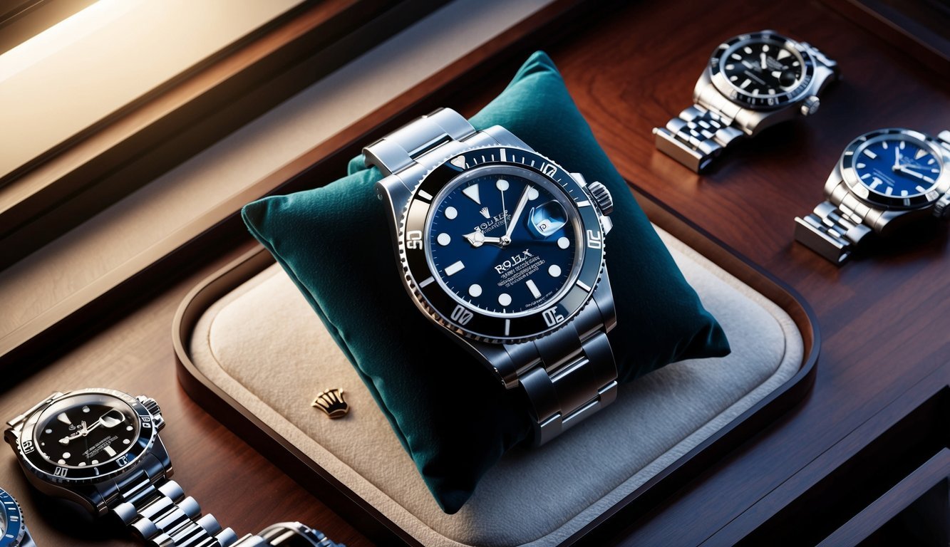 A sleek Rolex Submariner watch sits on a luxurious velvet cushion, surrounded by other iconic timepieces, under soft spotlighting