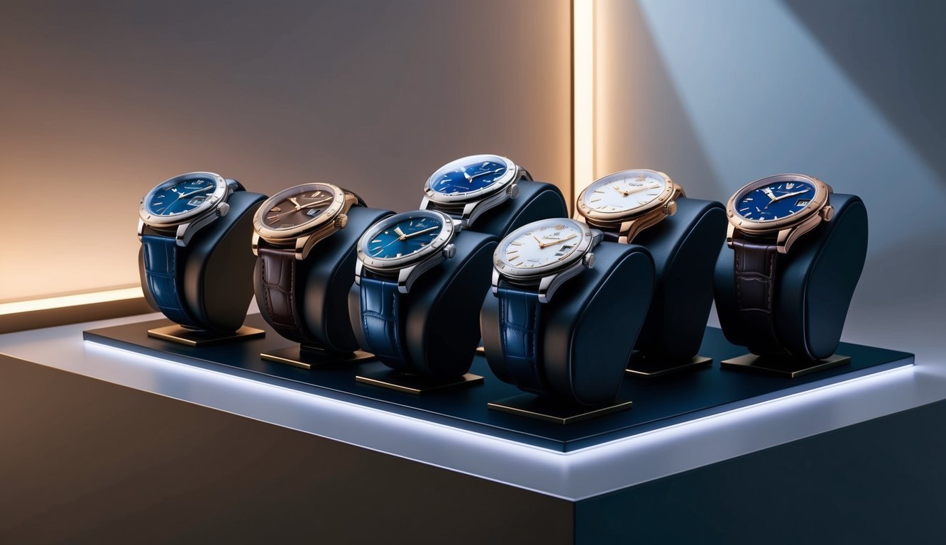 A luxurious watch collection displayed on a sleek, modern surface, with soft lighting to highlight the exquisite details of each timepiece