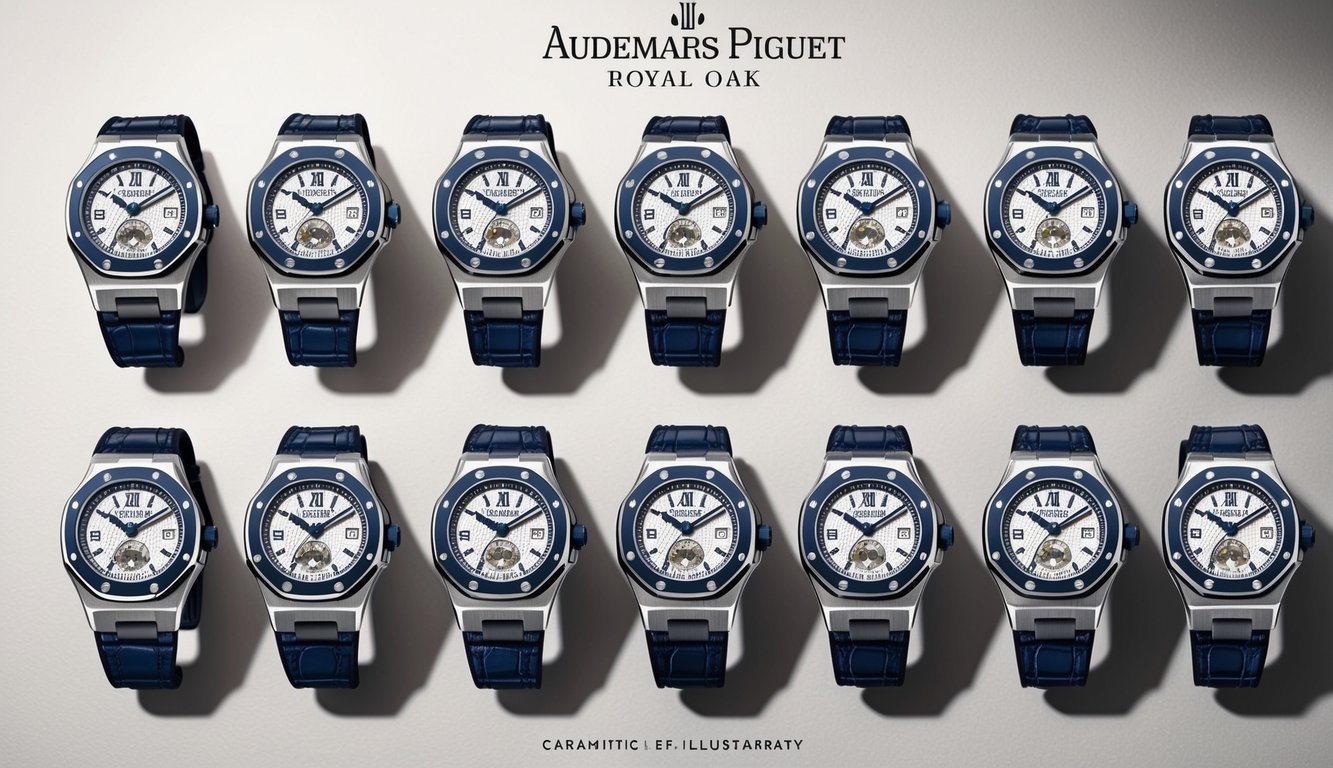 A luxurious display of 10 Audemars Piguet Royal Oak watches arranged in an elegant setting, showcasing their iconic design and craftsmanship